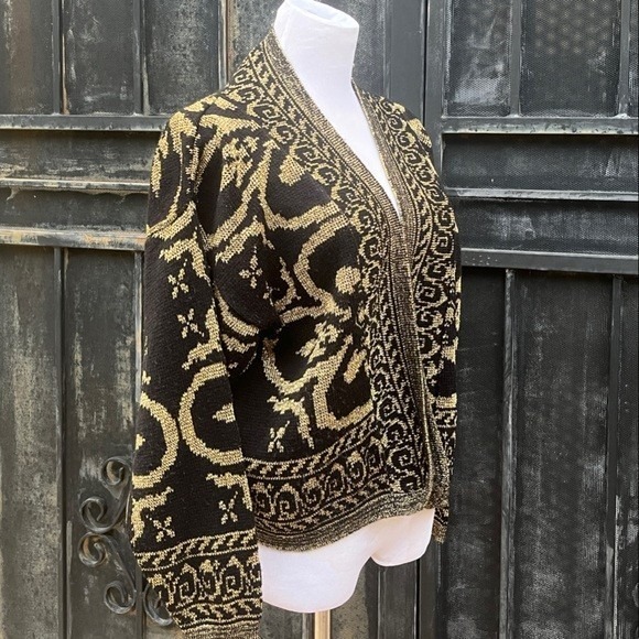 VTG Carriage Court Black Gold Metallic Knit‎ Open Front Cardigan Sweater Women - Picture 4 of 8